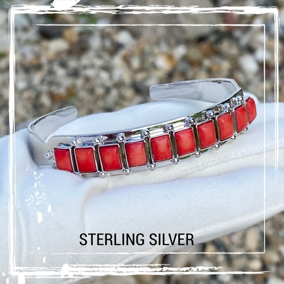 Red Coral Sterling Silver Row Cuff Bracelet - Picture 3 of 11